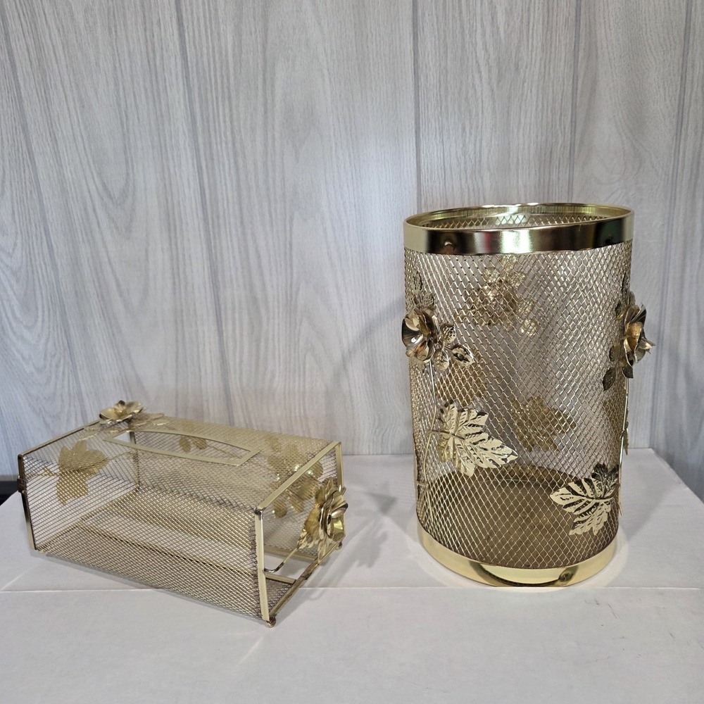 MCM Gold Brass Metal HOLLYWOOD REGENCY Rnd TRASH CAN Kleenex Wastebasket Set - Picture 2 of 4